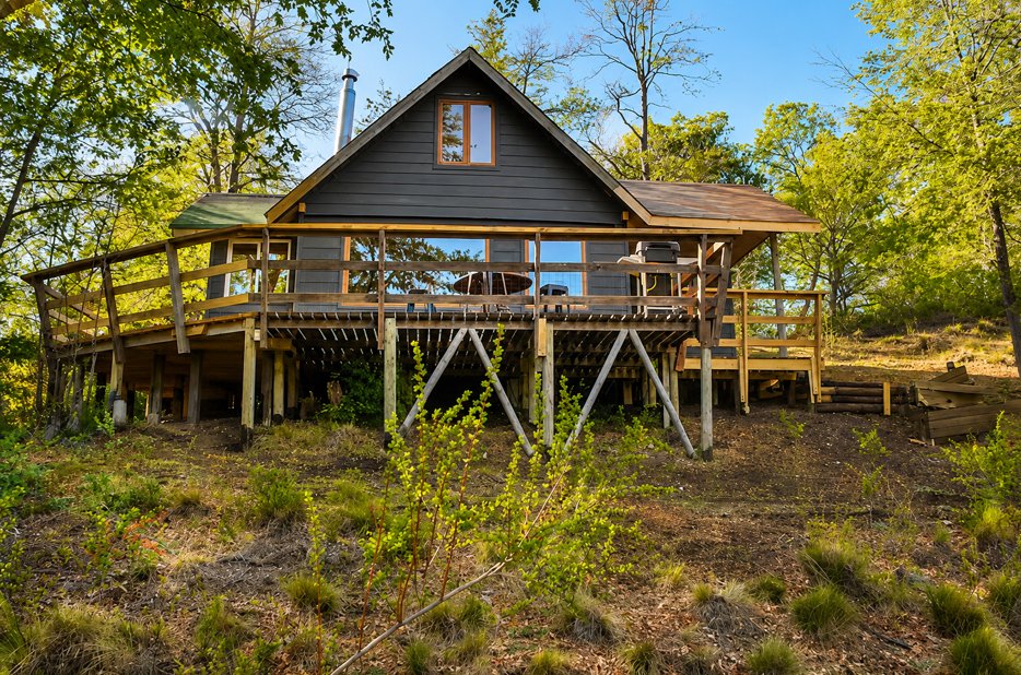 Cabaña Chercán elevada sobre pilotes, rodeada de bosque nativo