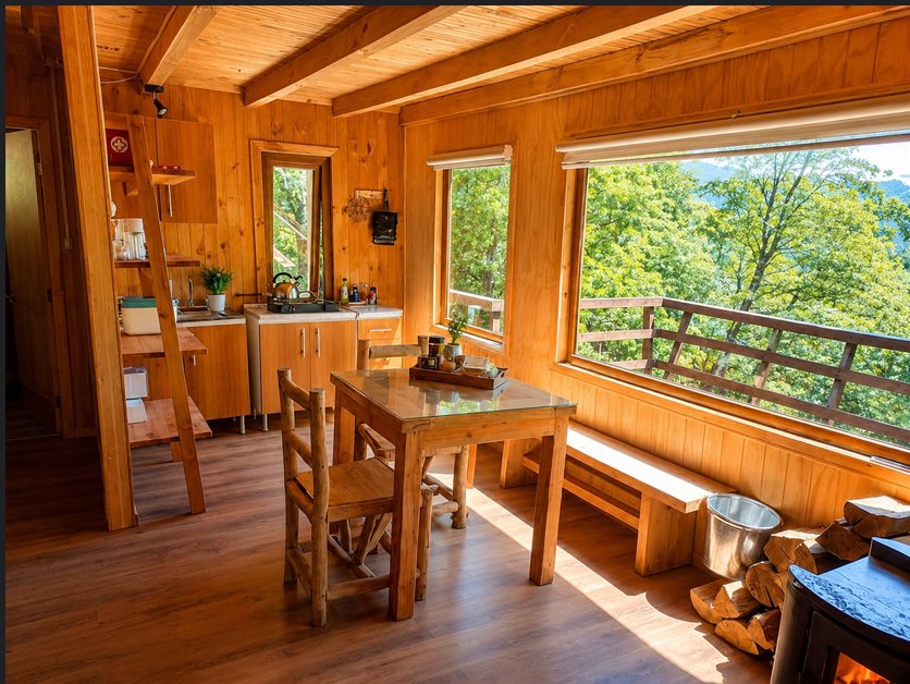 Living, comedor y cocina de la Cabaña Chercán con vigas de madera a la vista